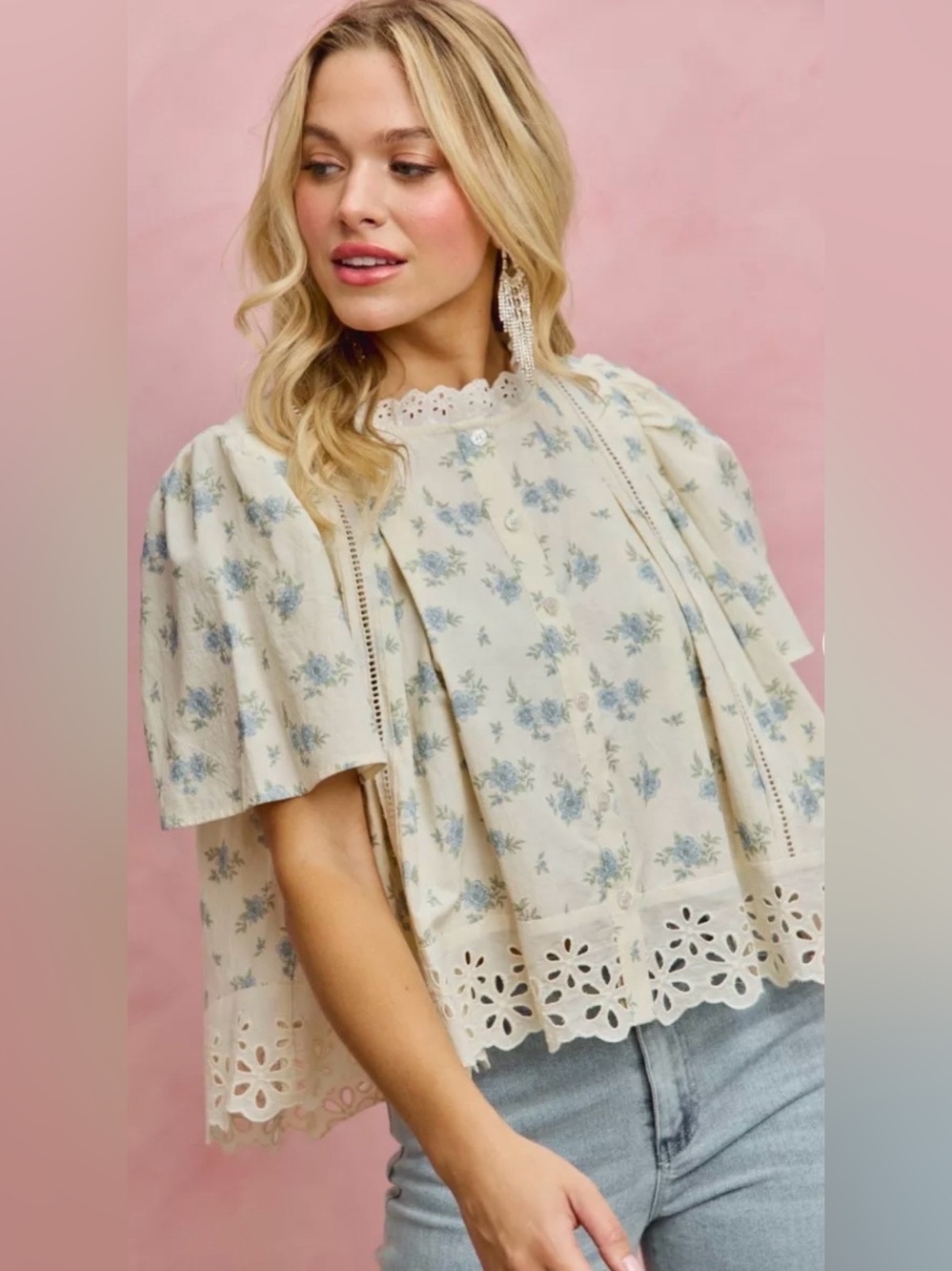 So Me Floral Print Lace Trim Blouse Top in Blue - Picture 5 of 7
